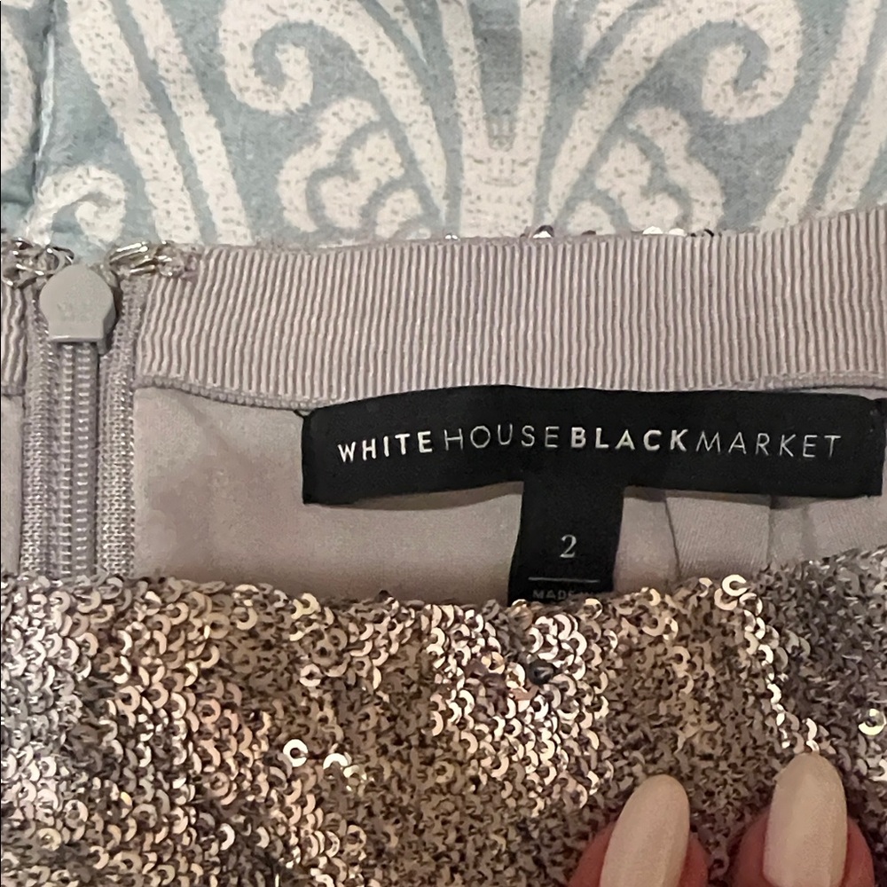 White House Black Market sequence Silver Mini Skirt - Picture 2 of 10